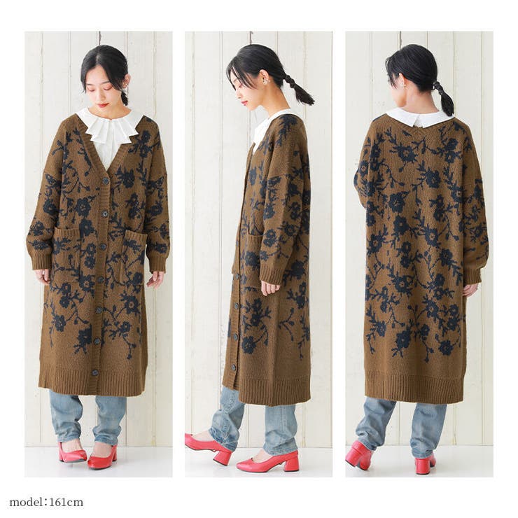 n'OrLABELモヘヤタッチ花柄ジャカードニットロングカーディガン[品番