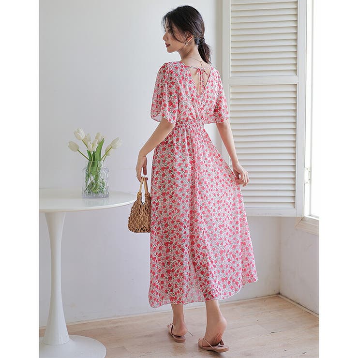 小花柄ワンピース カシュクールワンピース 半袖[品番：COCW0004492