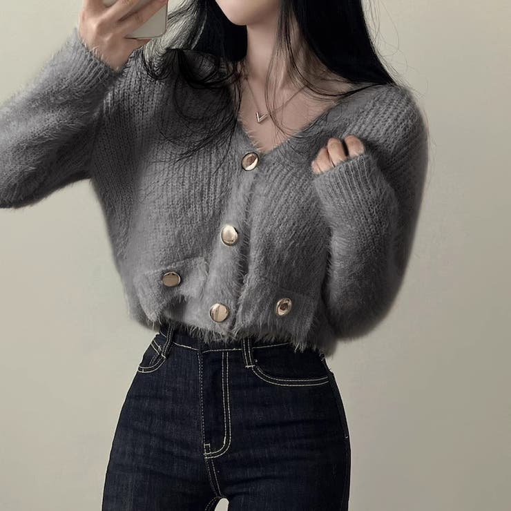 シャギーニットカーディガン 金ボタンカーディガン ショート丈トップス