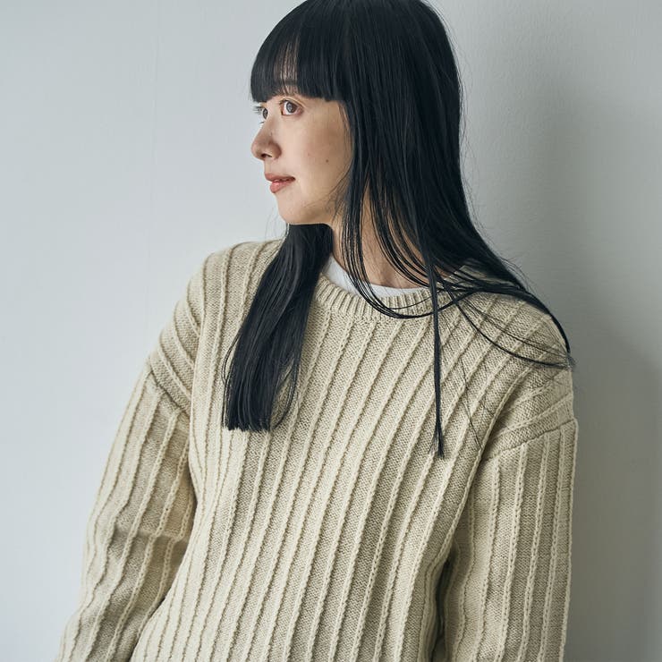 毛玉抑制/帯電防止】チェーンストライプクルーネックニット[品番