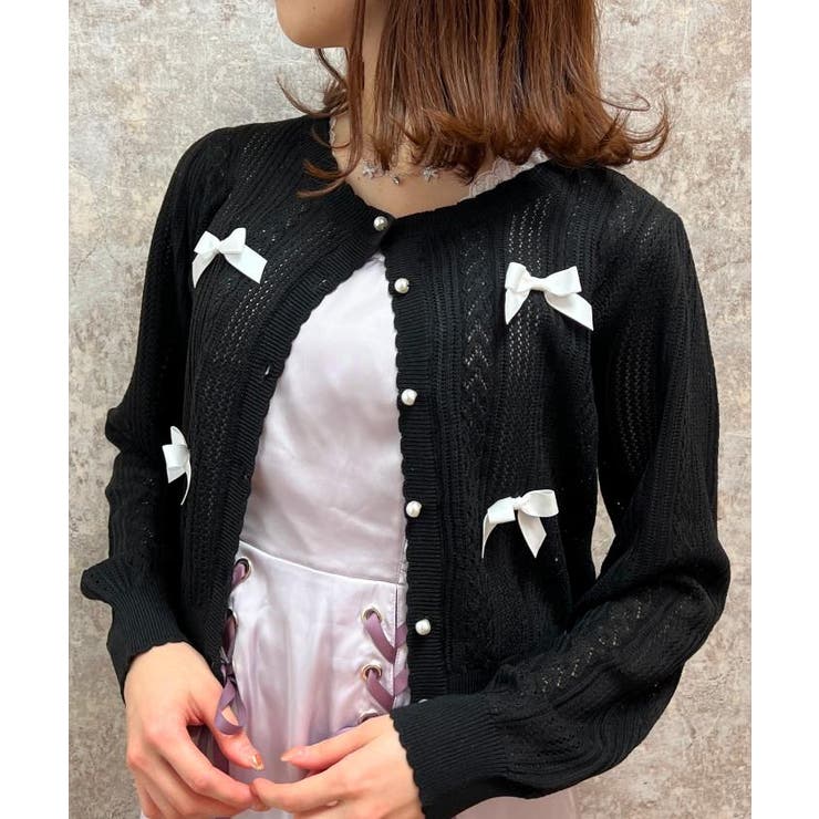 リボン付透かし編みニットカーディガン[品番：IGAW0004795]｜axes