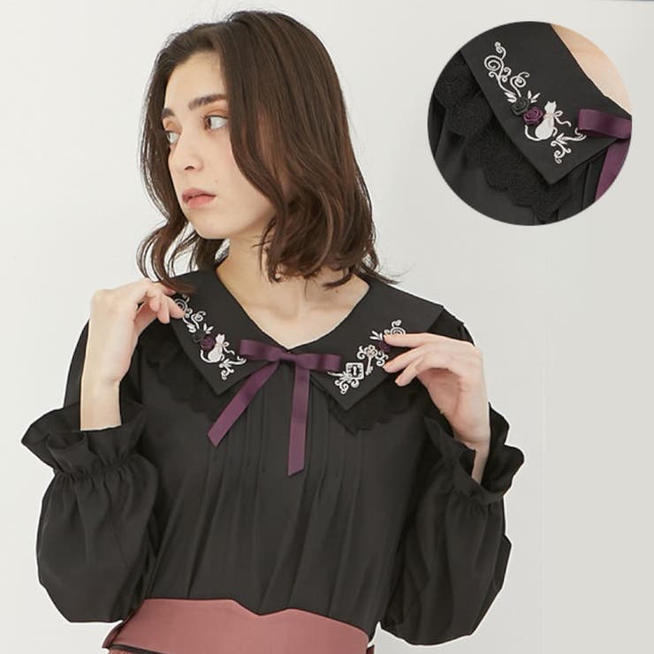 リボン付き猫刺繍ブラウスPO[品番：IGAW0003401]｜axes femme