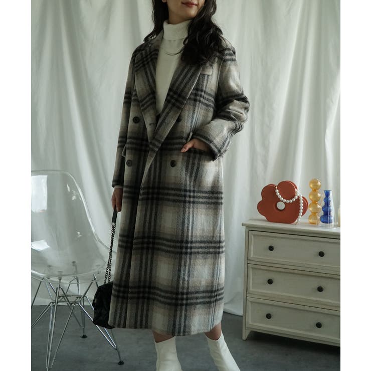 ウールチェック柄ロングコート【AW】[品番：XT000011381]｜aimoha