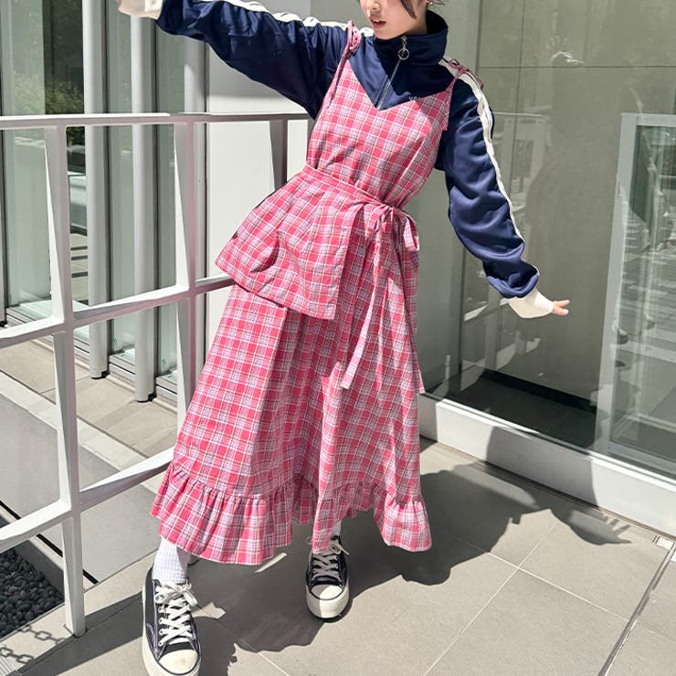 チェック柄フリルリボンキャミワンピース[品番：OUTW0000787