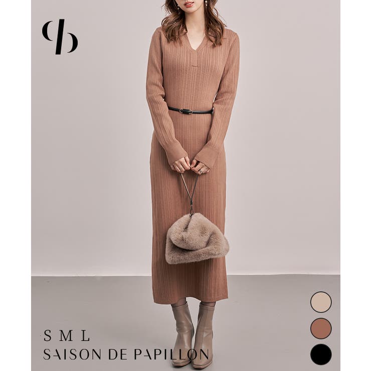 ベルト付きジョニーカラーランダムリブ編みニットワンピース[品番