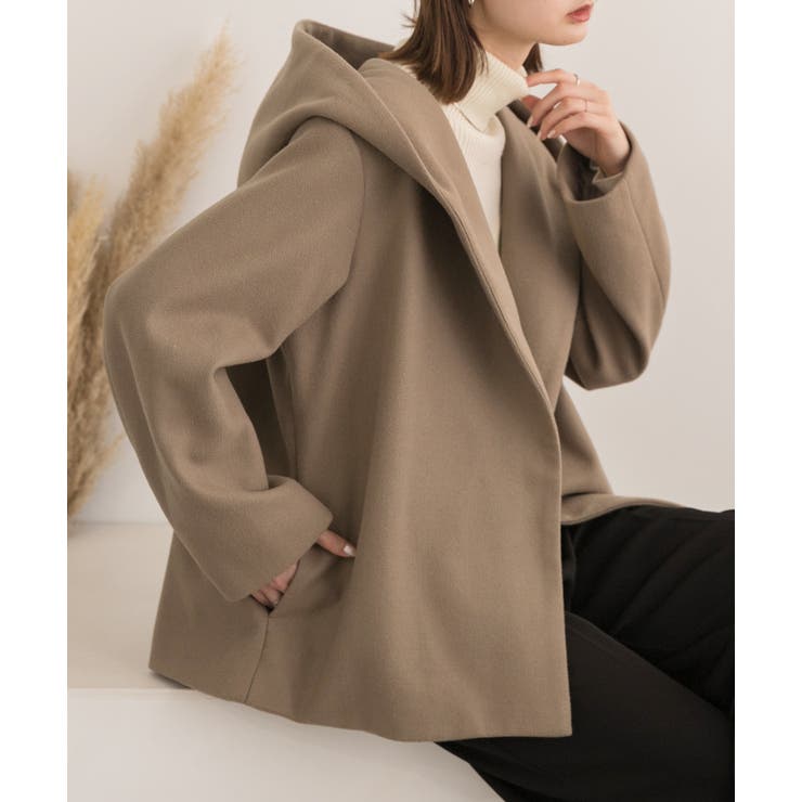 ウールタッチ フード付きショート丈コート[品番：ADEW0004269]｜ad