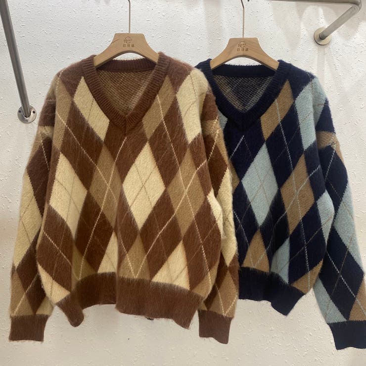 Vネックアーガイルモヘアニットセーター【韓国ファッション】[品番