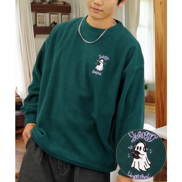 ワイド フリース 刺繍 トレーナー 裏起毛 ゴースト オバケ [品番