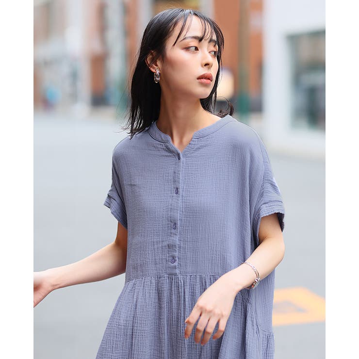 楽に着れる、大人可愛いワンピ。ダブルガーゼギャザー半袖ワンピ