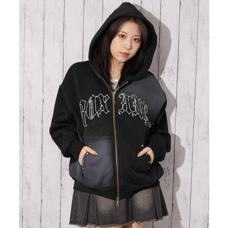 スプレー加工×ロゴプリント》レディース 裏起毛 ジップパーカー[品番