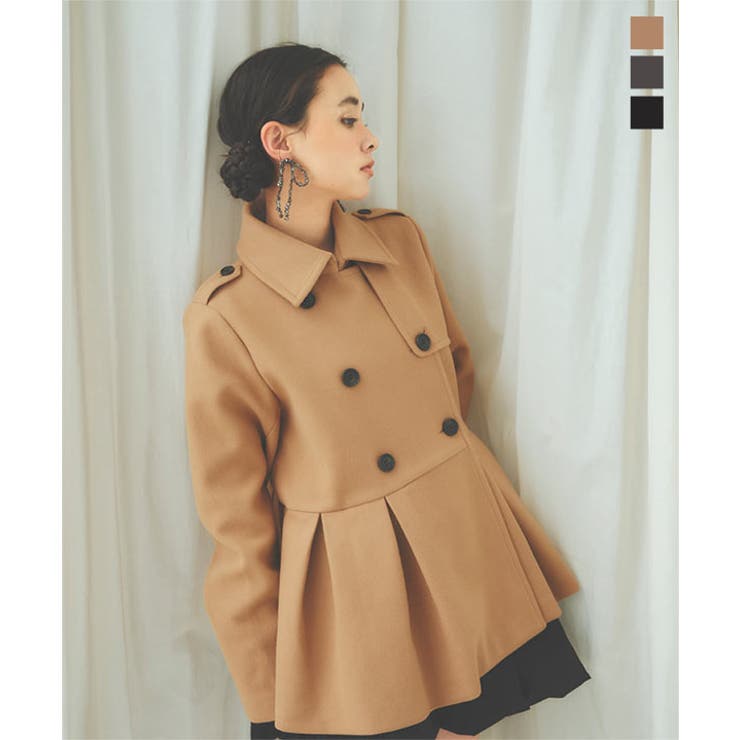 プリーツ切替ペプラムダブルボタンコート［K1327］[品番：KO000014788