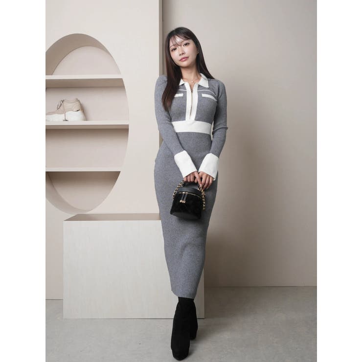 フロントZIPバイカラーニットワンピース[品番：LINW0002515