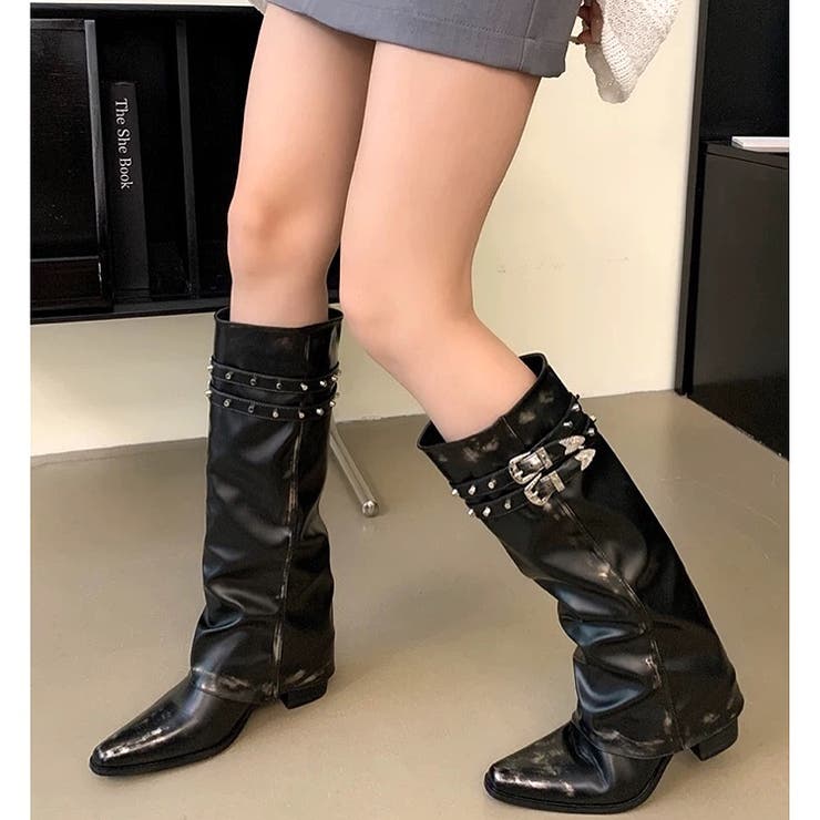 スタッズ付きダブルベルトカバーロングブーツ 秋 冬[品番：SHNW0011808