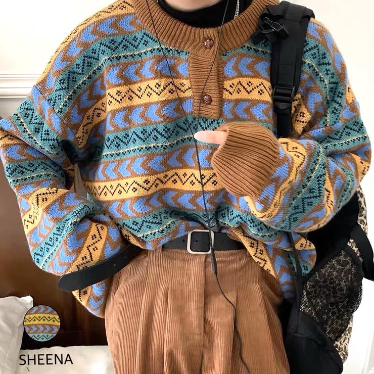 ノルディック柄ヘンリーネックオーバーサイズニット 秋 冬[品番