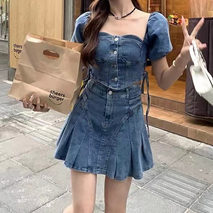 デニムセットアップ】デニムトップス×デニムミニスカート2点セット