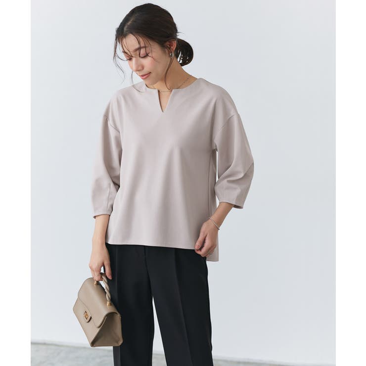 ランタンスリーブキーネックTブラウス Tブラウス カットジョーゼット