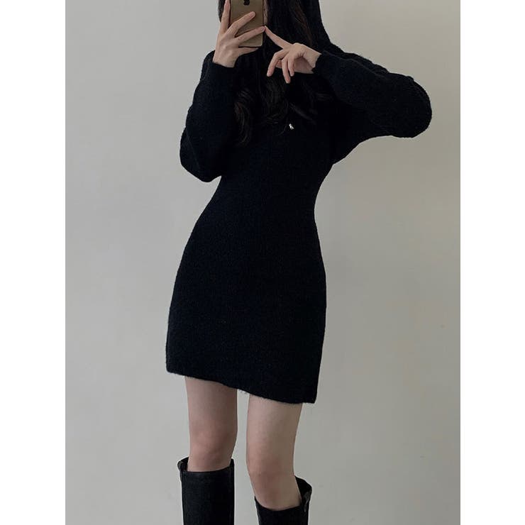 ソフトなニットミニワンピース フード付き 長袖[品番：KH000013108