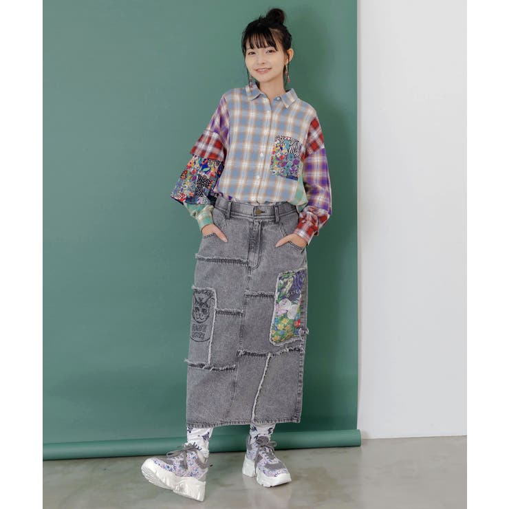 チェックと総柄のアシメパッチワークシャツ[品番：SRSW0000296