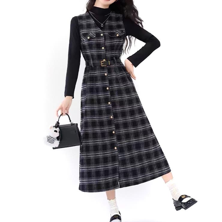 17433】トップス＆チェックロングワンピースSET [品番：ASHW0001564