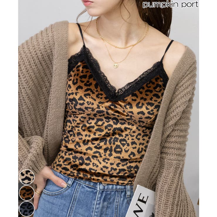 ヒョウ柄ベロアリボン付きカップ付キャミソール[品番：PPNW0004493