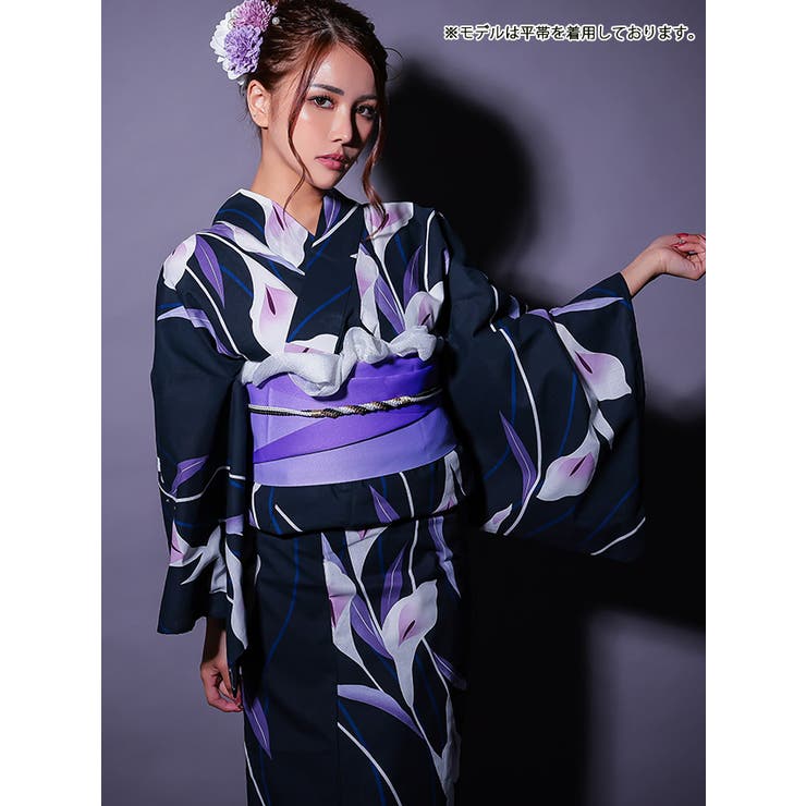 濃紺菖蒲柄浴衣3点セット レディース浴衣 作り帯[品番：XK000013434