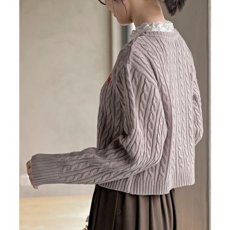 ハート刺繍ケーブルニットクルーネックカーディガン[品番：RPSW0003406