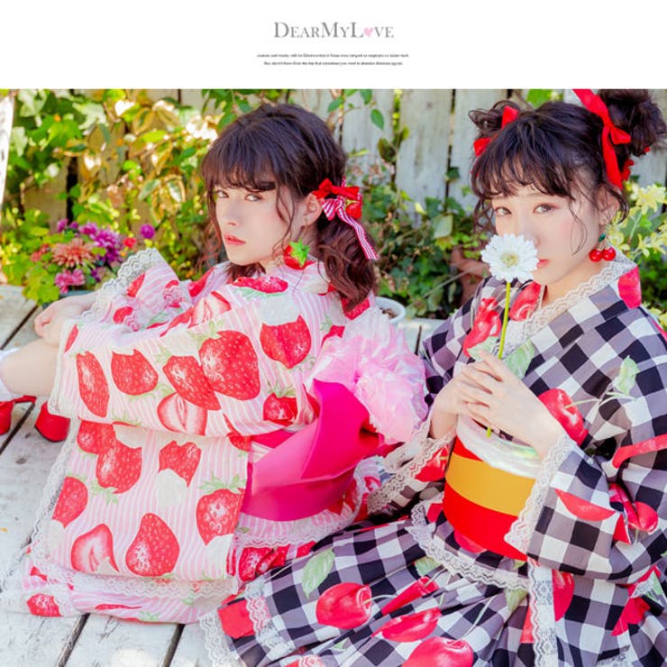 浴衣 いちご ストライプ柄[品番：YU000042743]｜夢展望（ユメテンボウ