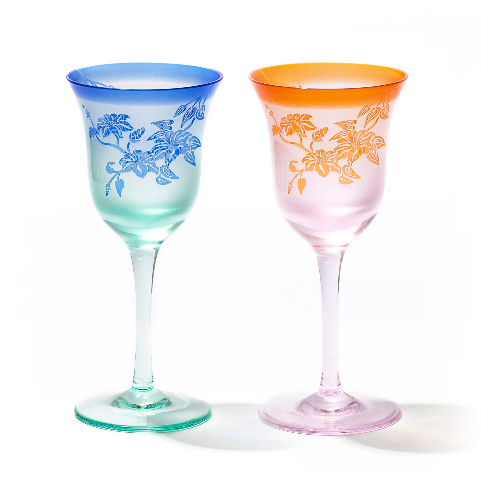 彫刻 夢柄子 ぶどう紋 ワイングラスペア アンバー/パープル・ピンク