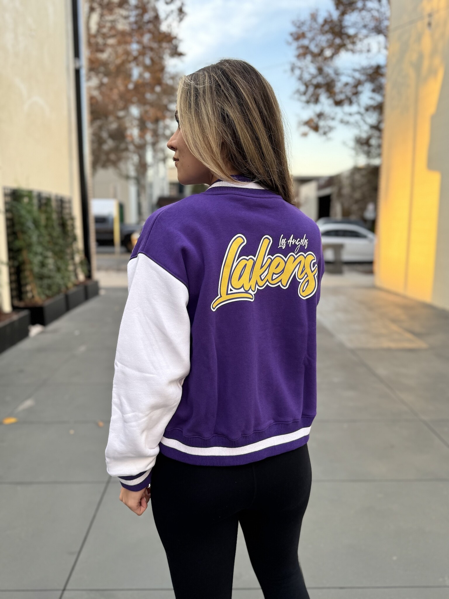 Lakers Women's NE Varsity Cotton Button Snap Jacket Purple/White