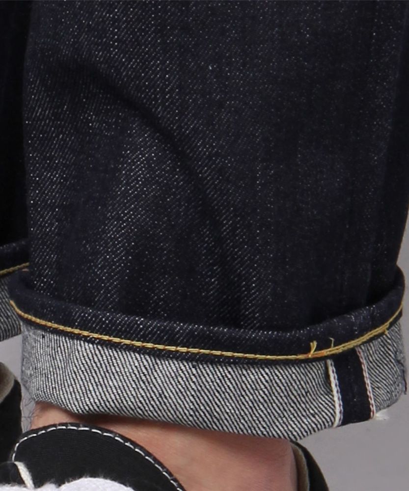 9002赤耳セルビッジテーパードデニムパンツ オレンジペンキステッチ