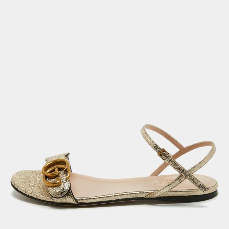 Gucci Gold Textured Leather GG Marmont Ankle Strap Flat Sandals