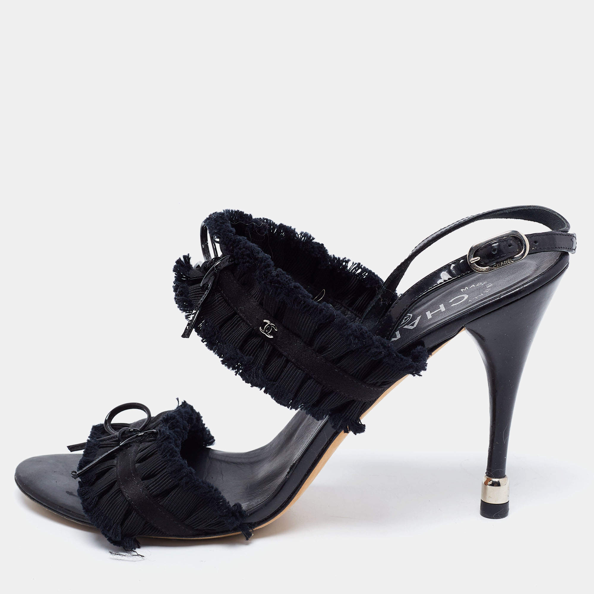 Chanel Black Satin and Fabric Ruffle Trim Bow Ankle Strap Sandals