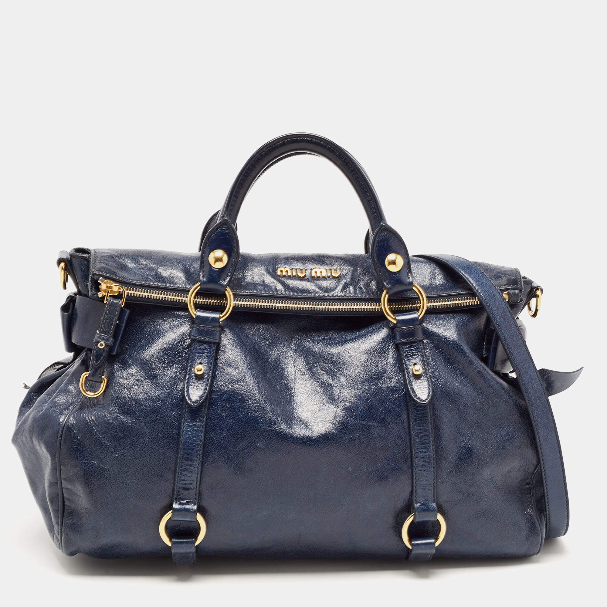 Miu Miu Dark Blue Vitello Lux Leather Bow Satchel Miu Miu | TLC