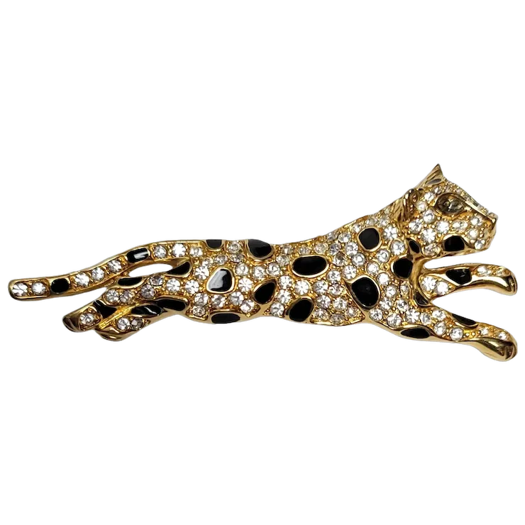 Trifari Vintage Gold Tone Clear Rhinestone Spotted Leopard Cat