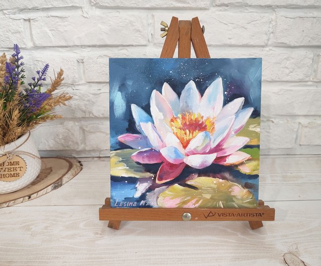 ロシア 蓮 オイルペインティング 蓮 原画 ピンクの花 アートワーク