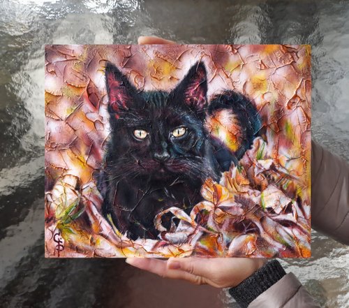 油絵 菅家令子 絵 絵画インテリア額付(黒)F3-072819 祈り子犬猫女の子