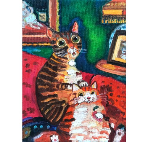 送料無料】ロシア 2匹の猫の絵 オリジナルアート キャンバスに描かれた