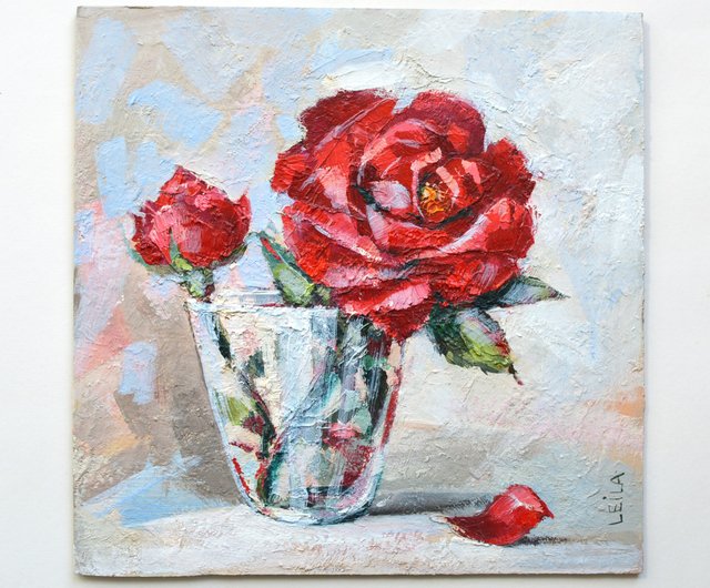 ベラルーシ バラのオリジナル油絵 20x20cm 現代絵画 現代風 赤い花