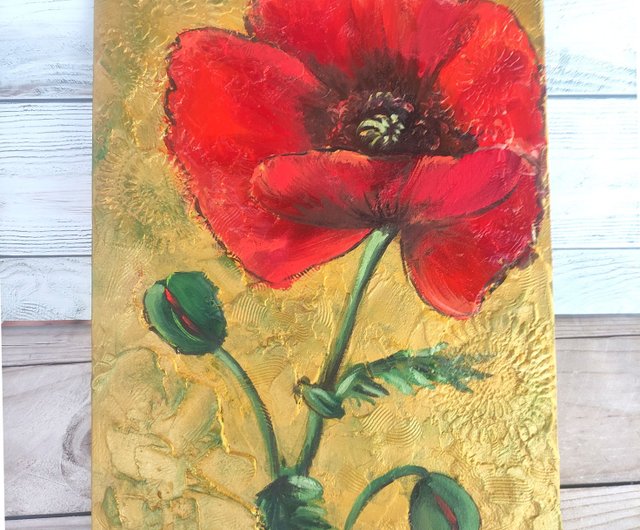 ロシア ポピーの絵の花のオリジナルアート厚塗り油絵の花 OlivKan