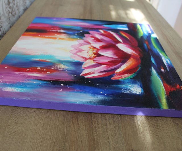 ロシア 蓮の油絵 蓮のオリジナルアート ピンクの花のアートワーク 仏教