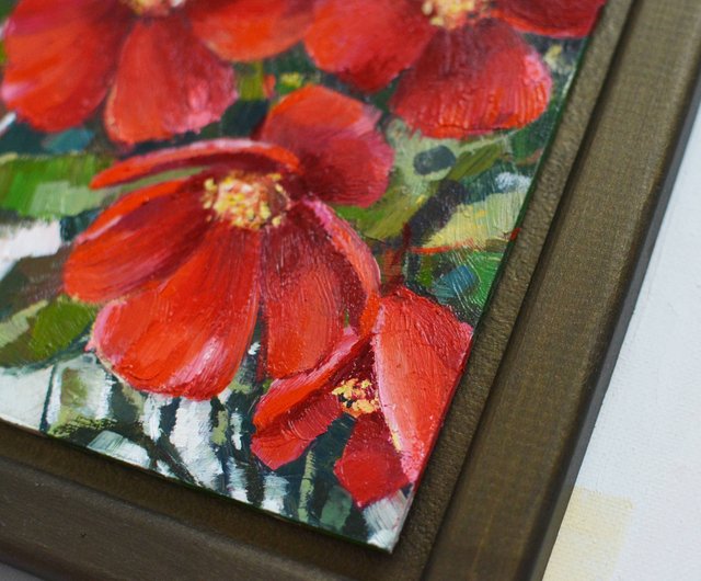 ベラルーシ 赤い花 オリジナル油絵 モダン絵画 13x13cm バルサミン絵画