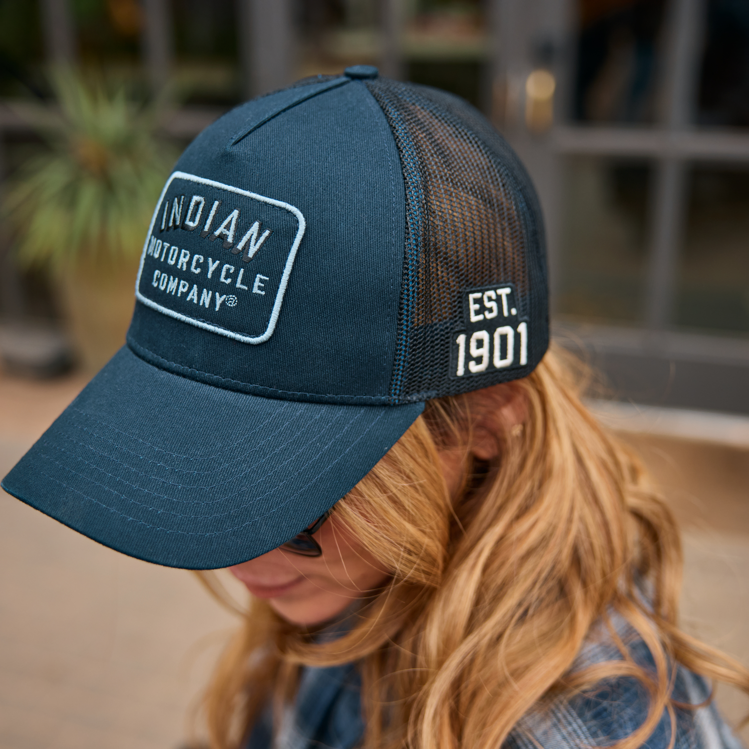 Block Logo Patch Trucker Cap, Navy | Indian Motorcycle