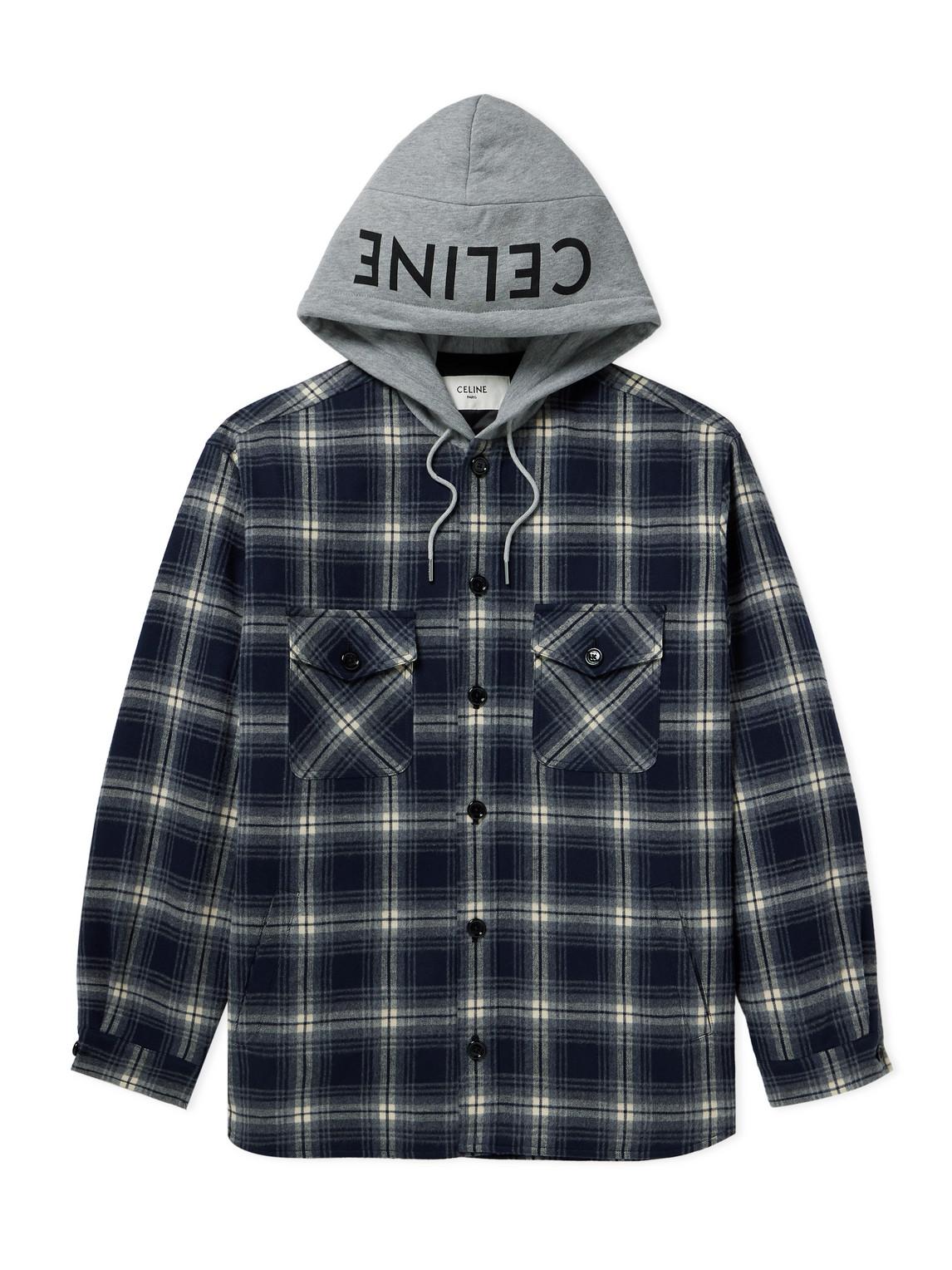 Celine Checked Wool And Logo-Print Cotton-Jersey Hooded Overshirt