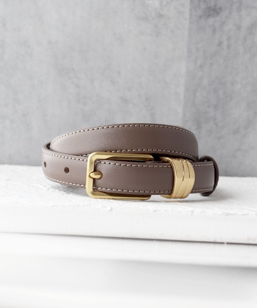 セール】【牛革】【高見え】ゴールドバックル×ステッチレザー細ベルト