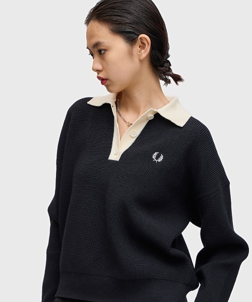 フレッドペリー ウールコットン ゴールド刺繍 クルーネックニット