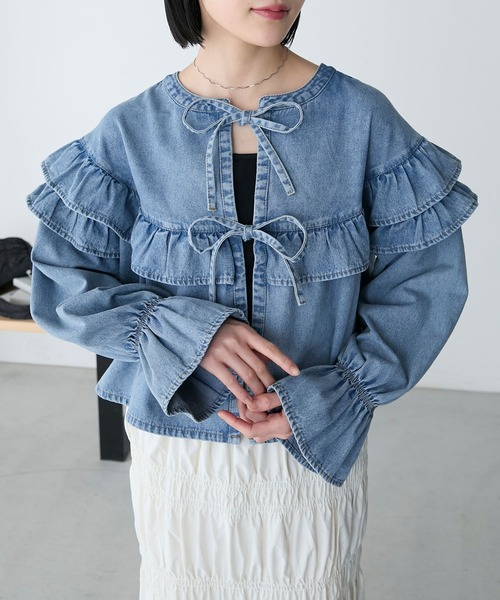 forksy.】2WAYリボン付デニムティアードフリルブラウス（シャツ