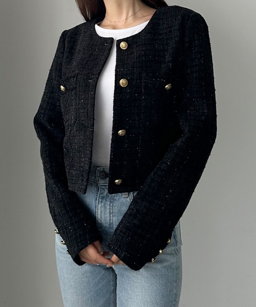 セール】ファンシーラメツイードショートジャケット（薄手）（ノー