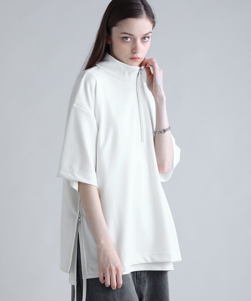 カットジョーゼットサイドジップハーフジップカットソー（Tシャツ