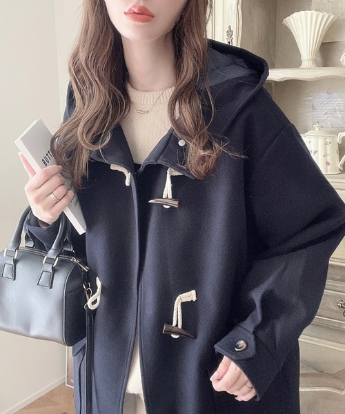 セール】ライトニットメルトンフードありロングダッフルコート