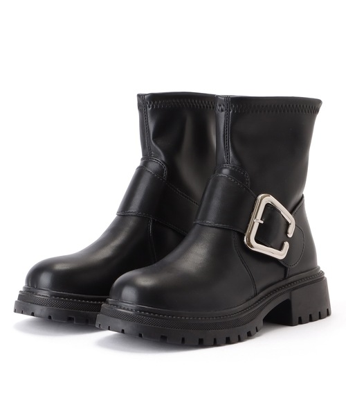 セール】レザー調ビッグバックル付きトラックショートブーツ（ブーツ
